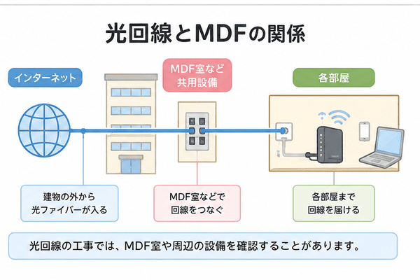 建物の外から来た光回線がMDF周辺の設備を通って各部屋へ届く流れ