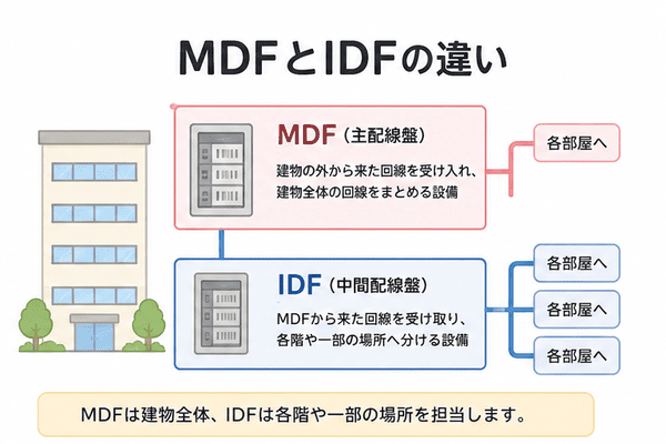 MDFとIDFの違い。MDFは建物全体、IDFは各階の回線をまとめる