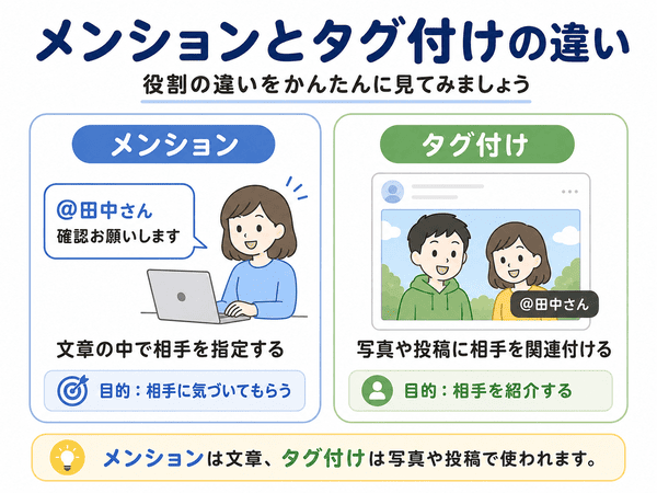 メンションは文章で相手を指定し、タグ付けは写真や投稿に相手を関連付ける違いを示した図