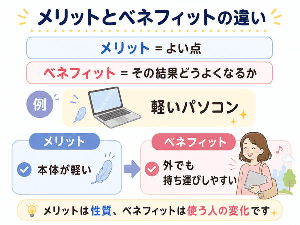 メリットとベネフィットの違いを軽いパソコンの例で解説