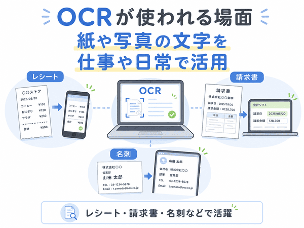 OCRがレシートや請求書や名刺の文字読み取りに使われる例