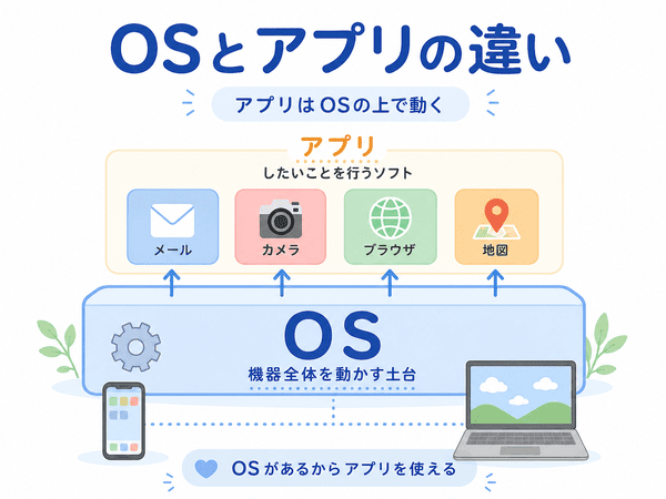 OSは機器全体を動かす土台で、アプリは目的ごとに使うソフトであることを示した図解