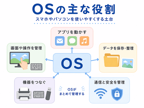 OSがアプリの起動や画面操作、データ保存、機器接続、通信と安全を管理することを示した図解