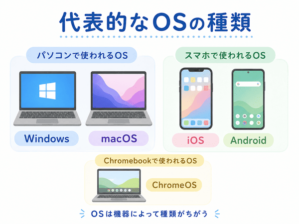Windows、macOS、iOS、Android、ChromeOSなど代表的なOSの種類を示した図解