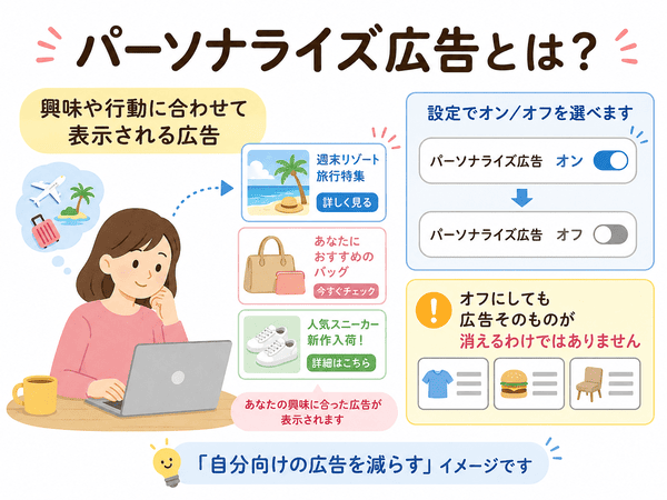 パーソナライズ広告とは興味や行動に合わせて表示される広告であることを説明する図