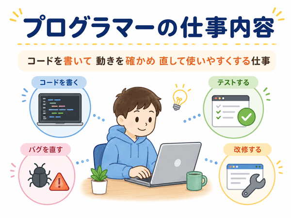 プログラマーの仕事内容は、コードを書き、テストし、バグを直し、改修すること