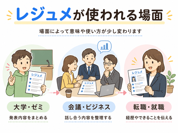 レジュメが大学・会議・転職で使われる場面を説明する図