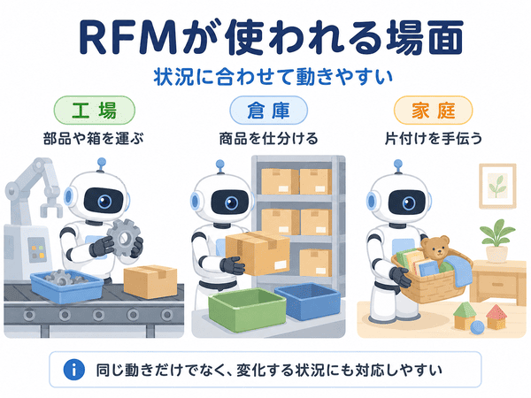RFMが工場・倉庫・家庭で使われる場面を初心者向けに示した図解