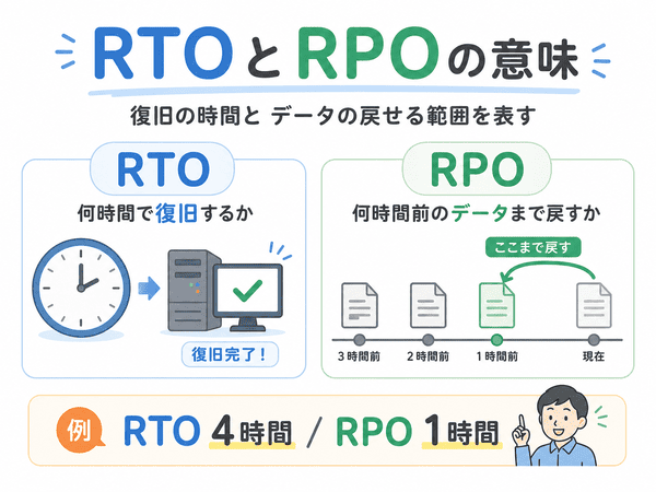 RTOは復旧までの時間、RPOは何時間前のデータまで戻すかを示した図