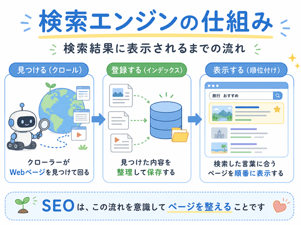 検索エンジンがページを見つけ、登録し、検索結果に表示する仕組み