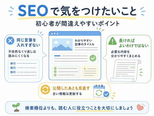 キーワードの入れすぎや文字数の増やしすぎなど、SEOで初心者が気を付けたい点