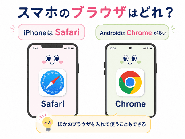 iPhoneではSafari、AndroidではChromeがよく使われることを説明した図解