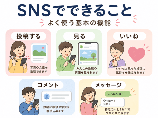 SNSでできることを、投稿・見る・いいね・コメント・メッセージで説明した初心者向け図解