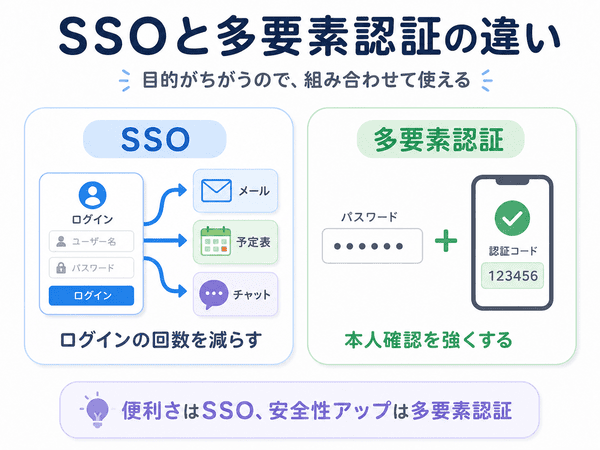 SSOはログイン回数を減らし多要素認証は本人確認を強くする違いを示した図