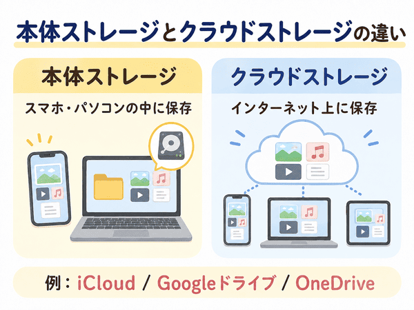 本体ストレージとクラウドストレージの保存場所の違い