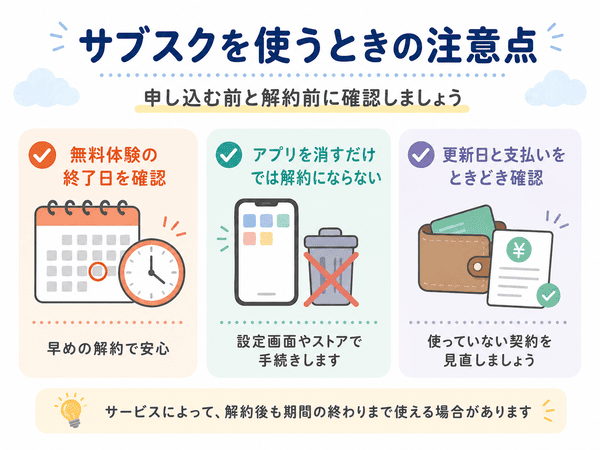 無料体験の終了日や解約方法などサブスクを使うときの注意点