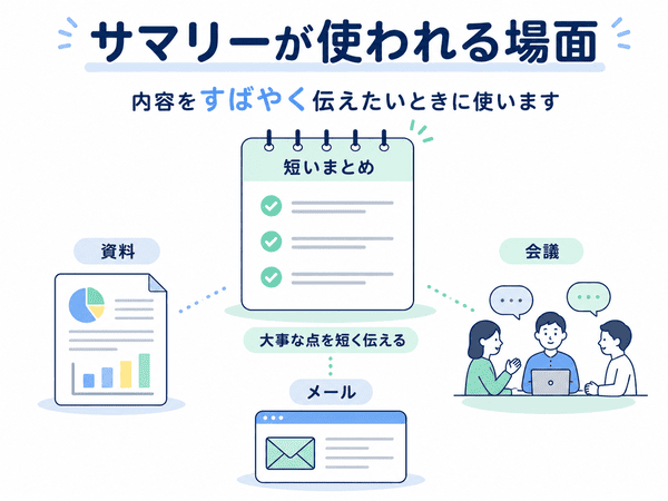 サマリーは資料や会議やメールで大事な点を短く伝えるときに使う