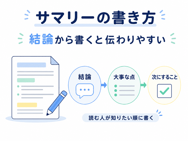 サマリーは結論、大事な点、次にすることの順で書くと伝わりやすい