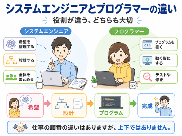 システムエンジニアとプログラマーの違いは、設計や全体整理を行うか、プログラムを書くかの役割の違い