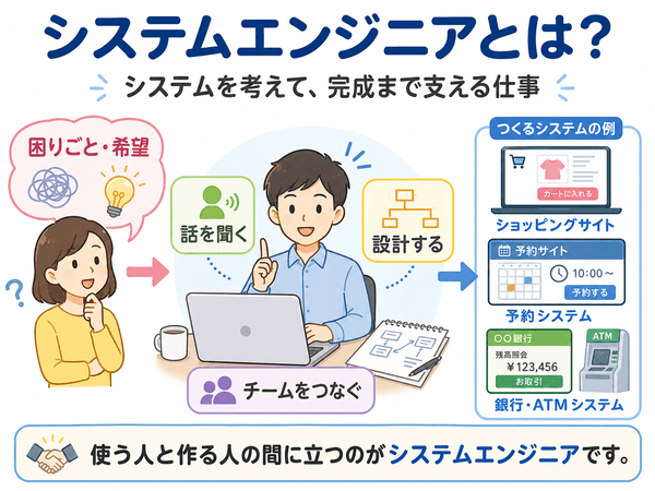システムエンジニアとは、使う人と作る人の間に立ち、システムを考えて完成まで支える仕事