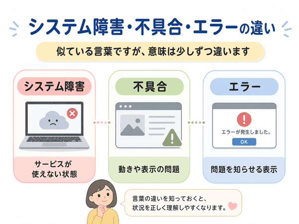 システム障害、不具合、エラーの意味の違いを初心者向けに示す図