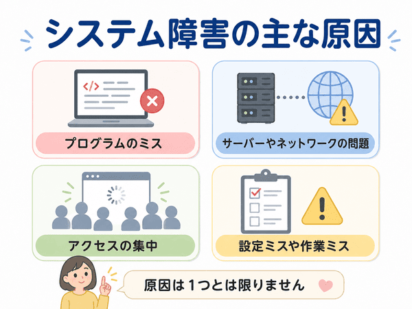 システム障害の主な原因としてプログラムのミス、サーバーやネットワークの問題、アクセス集中、設定ミスを示す図