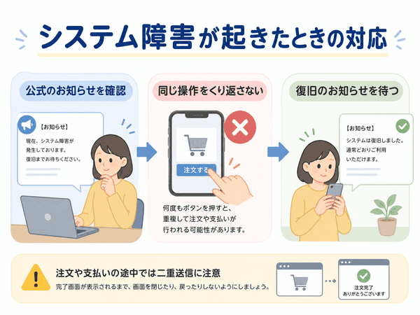 システム障害が起きたときに公式のお知らせを確認し、同じ操作をくり返さず、復旧を待つ流れを示す図
