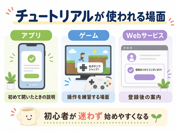 チュートリアルがアプリ・ゲーム・Webサービスで使われる場面を説明する図解