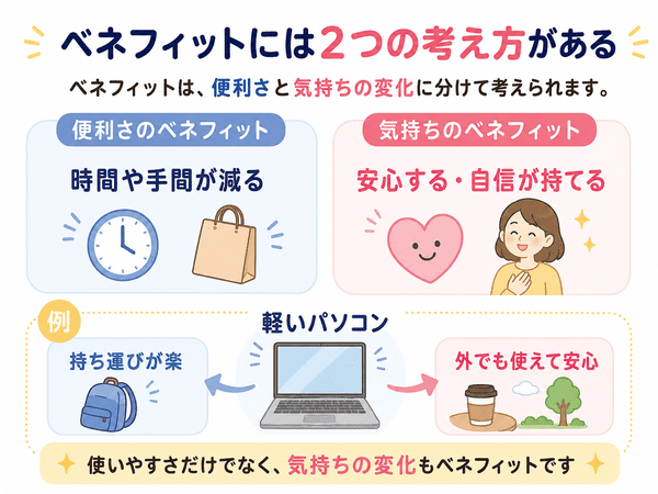 ベネフィットには便利さと気持ちの変化があることを解説