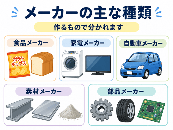 食品メーカー、家電メーカー、自動車メーカー、素材メーカー、部品メーカーの種類を示す図解