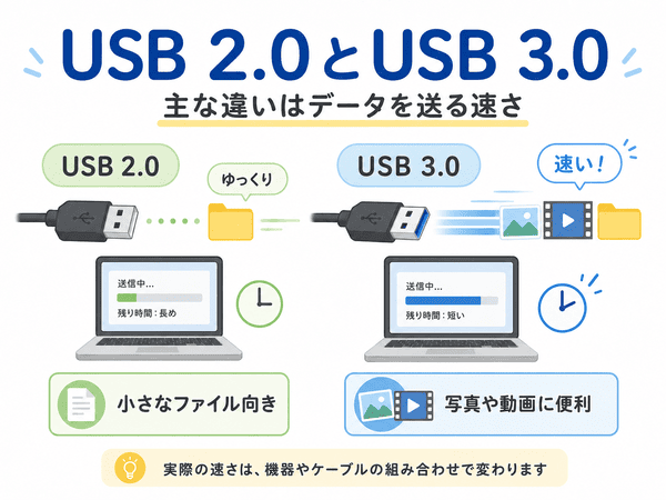 USB 2.0とUSB 3.0の違いを、データ転送の速さの違いとして示した図