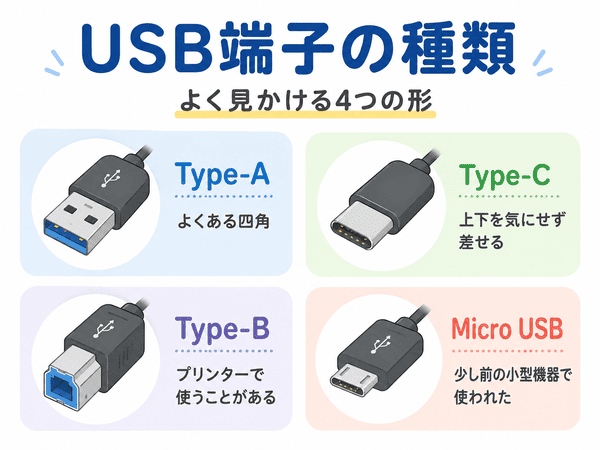 USB端子の種類として、Type-A、Type-B、Type-C、Micro USBの形を示した図