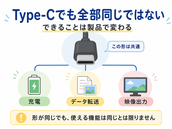 USB Type-Cは形が同じでも、充電・データ転送・映像出力など使える機能が製品で変わることを示した図