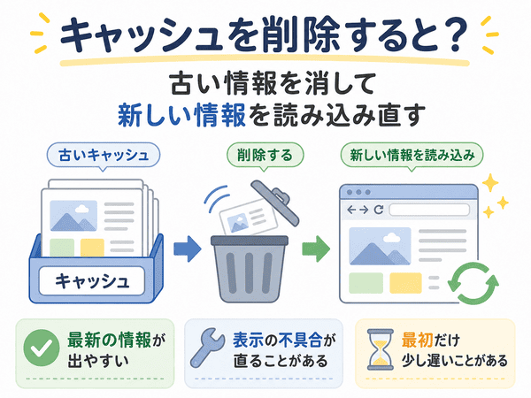 キャッシュを削除すると、古い情報を消して新しい情報を読み込み直すことを説明した図