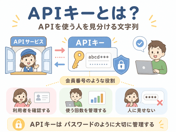 APIキーが利用者を確認し安全に管理する文字列であることを示す図