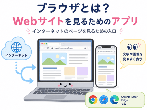 ブラウザとはWebサイトを見るためのアプリであることを初心者向けに説明した図解