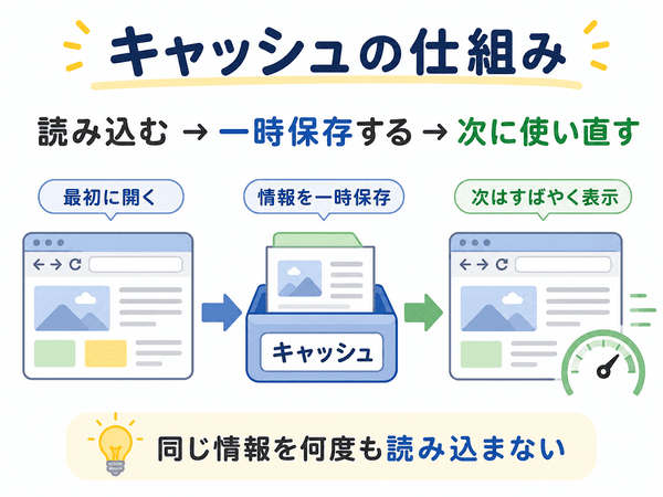 キャッシュの仕組みを、読み込む・一時保存する・次に使い直す流れで説明した図