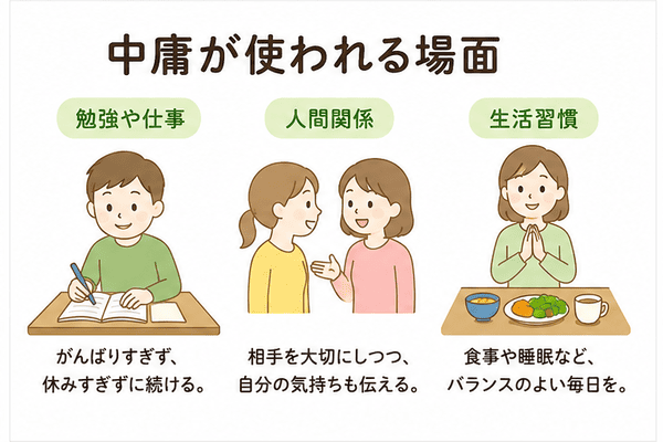中庸が勉強や仕事、人間関係、生活習慣などで使われる場面を示した図解
