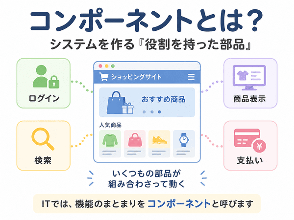 コンポーネントとはシステムを作る役割を持った部品であることを示す図