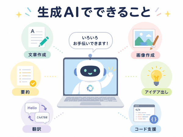 生成AIでできる文章作成・要約・翻訳・画像作成・アイデア出し・コード支援の図解