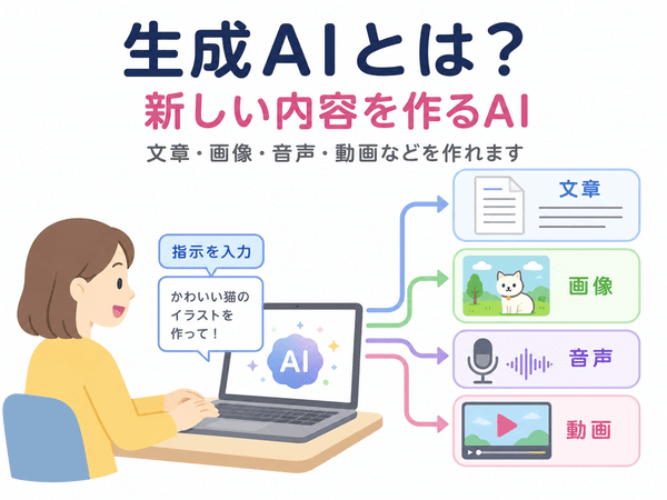 生成AIとは文章・画像・音声・動画などを新しく作るAIであることを説明した図解