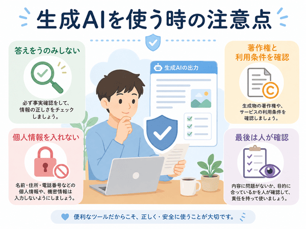 生成AIを使う時に答えの確認・個人情報・著作権・人による確認が必要であることを説明した図解