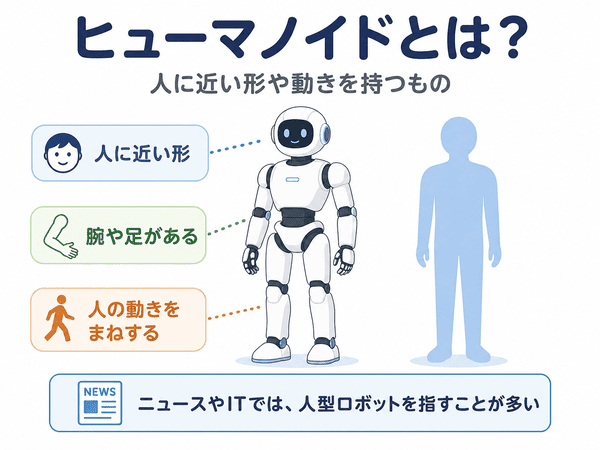 ヒューマノイドとは人に近い形や動きを持つ人型ロボットであることを示す図