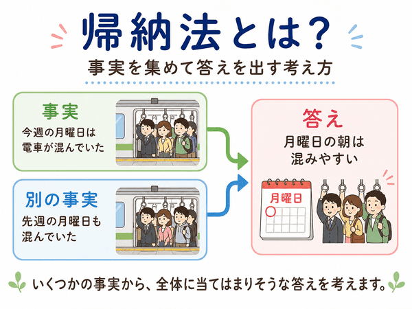 帰納法とは何かを、月曜日の電車の混雑を例にして説明した初心者向け図解