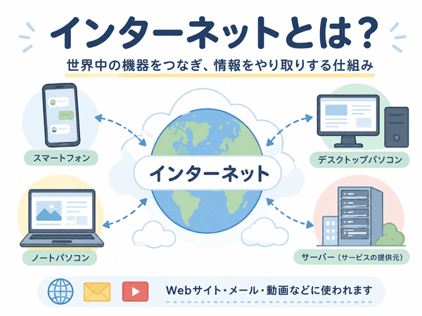 インターネットとは世界中の機器をつなぎ情報をやり取りする仕組みを示した図