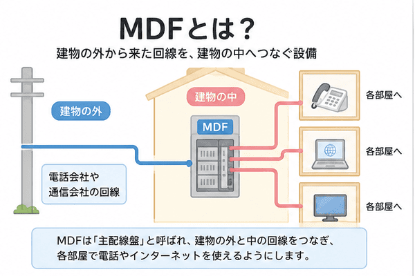 MDFとは建物の外から来た回線と建物内の配線をつなぐ主配線盤