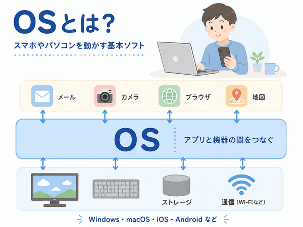 OSとはスマホやパソコンを動かす基本ソフトであることを示した図解