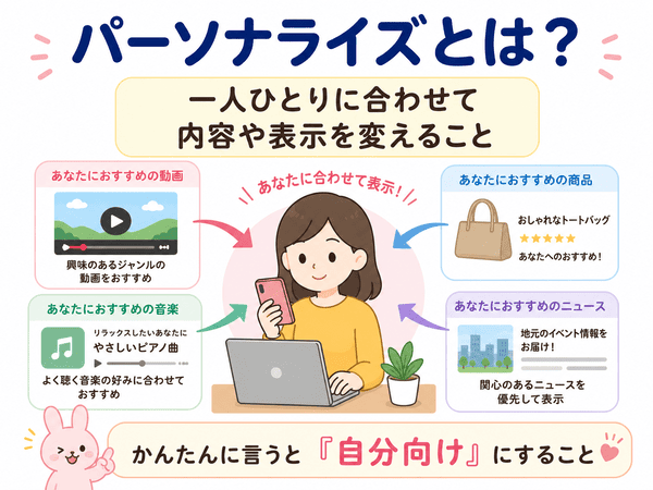 パーソナライズとは一人ひとりに合わせて表示内容を変えることを説明する図
