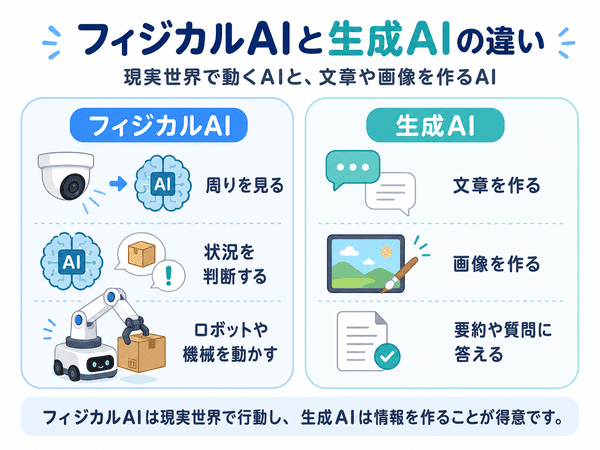 フィジカルAIと生成AIの違いを現実世界の動作と情報生成で比較した図解
