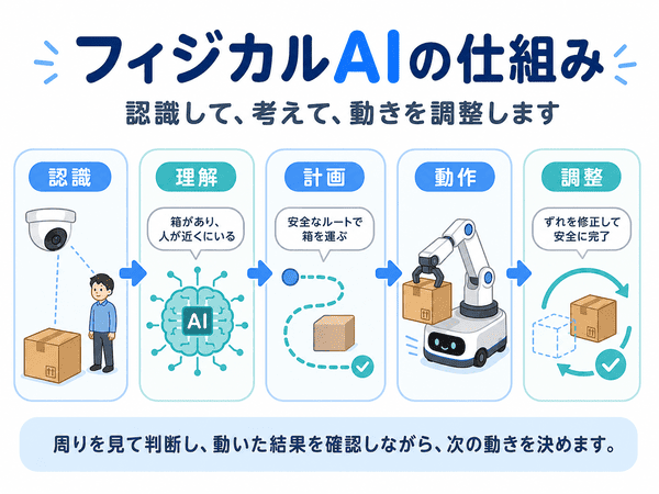フィジカルAIが認識・理解・計画・動作・調整する仕組みを説明した図解